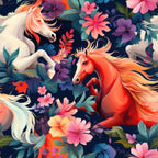 horses, floral, horses with flowers, coral pink, navy blue, purple flowers, cream white, orange horses, vibrant colors, whimsical, nature, spring, summer, bohemian, magical creatures, fantasy, colorful blooms, garden theme, kids room, playroom, nursery, pink flowers, teal leaves, sunset colors, elegant, artistic, painted horses, wildflowers, enchanted garden