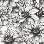 black and white, monochrome, floral, dahlias, botanical, nature, line art, sketch style, elegant, sophisticated, garden flowers, detailed petals, hand-drawn, illustration style, timeless, classic, black ink, white background, flower blooms, layered petals, artistic, decorative, traditional, ornamental, spring, summer, home decor, sewing projects