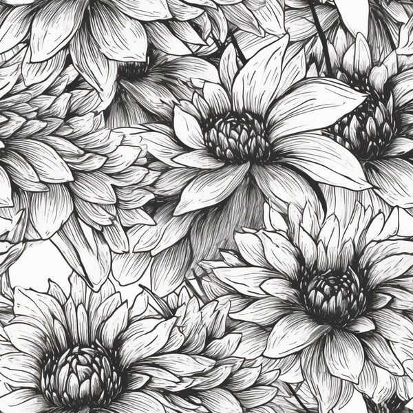 black and white, monochrome, floral, dahlias, botanical, nature, line art, sketch style, elegant, sophisticated, garden flowers, detailed petals, hand-drawn, illustration style, timeless, classic, black ink, white background, flower blooms, layered petals, artistic, decorative, traditional, ornamental, spring, summer, home decor, sewing projects