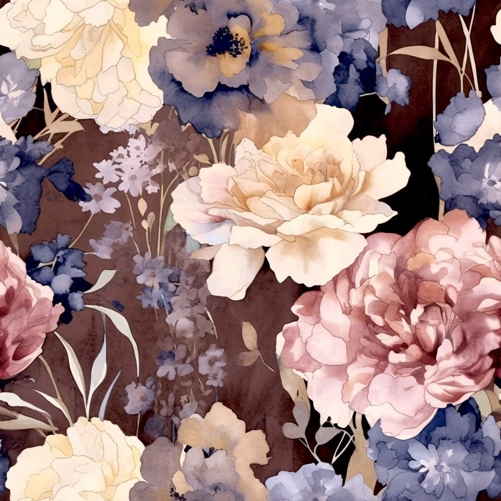 dusty blue, lavender, soft purple, blush pink, dusty rose, cream, ivory, soft yellow, pale gold, chocolate brown, navy blue, floral pattern, garden flowers, peonies, roses, botanical, nature, vintage floral, elegant, romantic, whimsical, feminine, spring, summer, watercolor style, painterly, soft aesthetic, delicate flowers, cottage core, traditional floral
