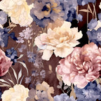 dusty blue, lavender, soft purple, blush pink, dusty rose, cream, ivory, soft yellow, pale gold, chocolate brown, navy blue, floral pattern, garden flowers, peonies, roses, botanical, nature, vintage floral, elegant, romantic, whimsical, feminine, spring, summer, watercolor style, painterly, soft aesthetic, delicate flowers, cottage core, traditional floral