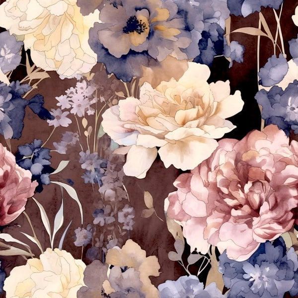 dusty blue, lavender, soft purple, blush pink, dusty rose, cream, ivory, soft yellow, pale gold, chocolate brown, navy blue, floral pattern, garden flowers, peonies, roses, botanical, nature, vintage floral, elegant, romantic, whimsical, feminine, spring, summer, watercolor style, painterly, soft aesthetic, delicate flowers, cottage core, traditional floral