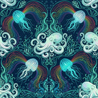navy blue, cyan blue, turquoise, neon glow, rainbow, red, yellow, purple, ocean blue, jellyfish, octopus, sea creatures, nautical, underwater, marine life, coral, seaweed, ocean theme, whimsical, bohemian, psychedelic, neon art, glowing, celestial, fantasy, magical, kids room, nursery, playroom, adventure theme