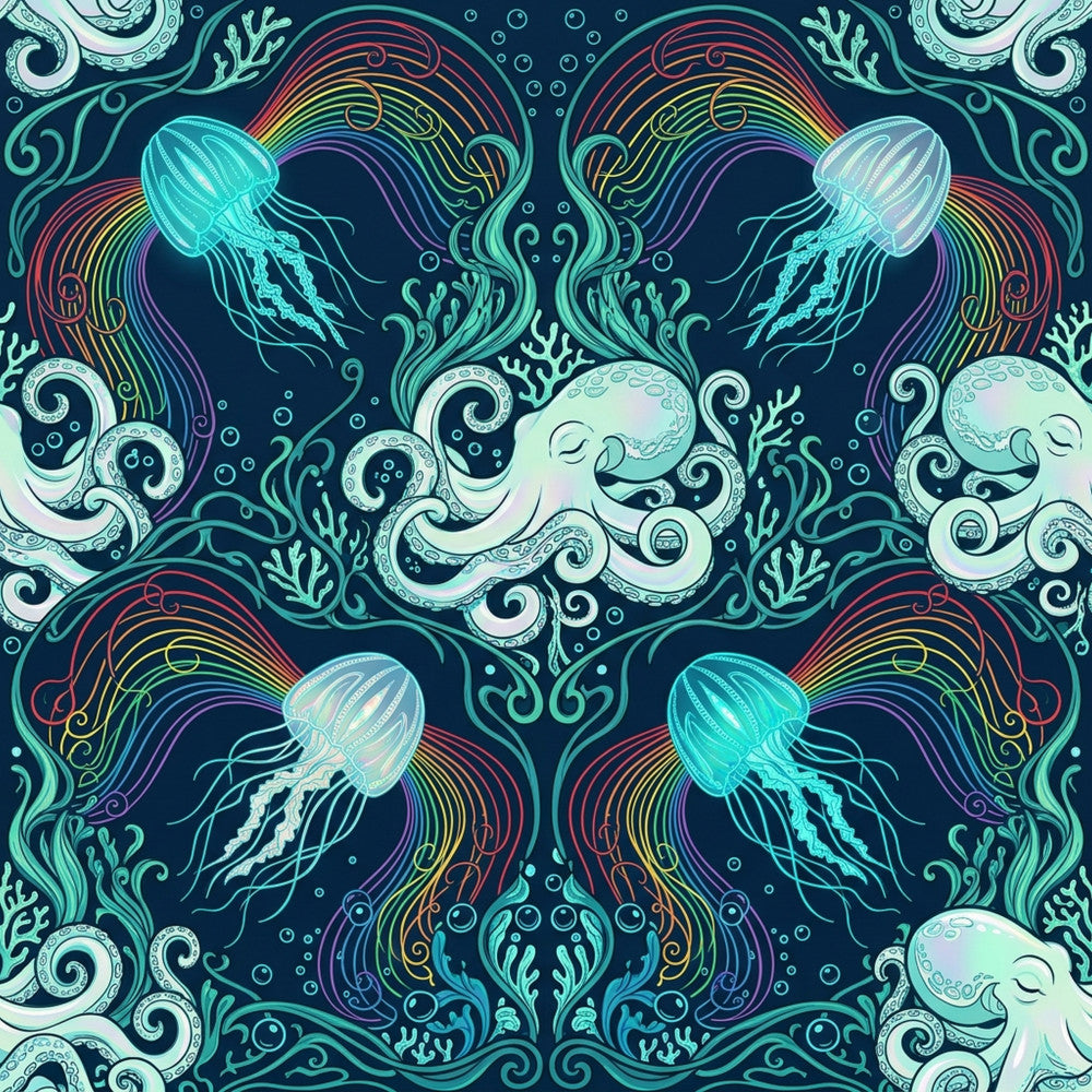 navy blue, cyan blue, turquoise, neon glow, rainbow, red, yellow, purple, ocean blue, jellyfish, octopus, sea creatures, nautical, underwater, marine life, coral, seaweed, ocean theme, whimsical, bohemian, psychedelic, neon art, glowing, celestial, fantasy, magical, kids room, nursery, playroom, adventure theme