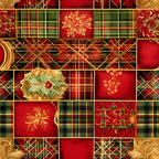 red, green, gold, christmas, tartan plaid, holly leaves, mistletoe, berries, ornate flourishes, patchwork squares, geometric patterns, crosshatch design, botanical motifs, festive, holiday fabric,, fabric panel, rich colors, decorative elements, seasonal pattern