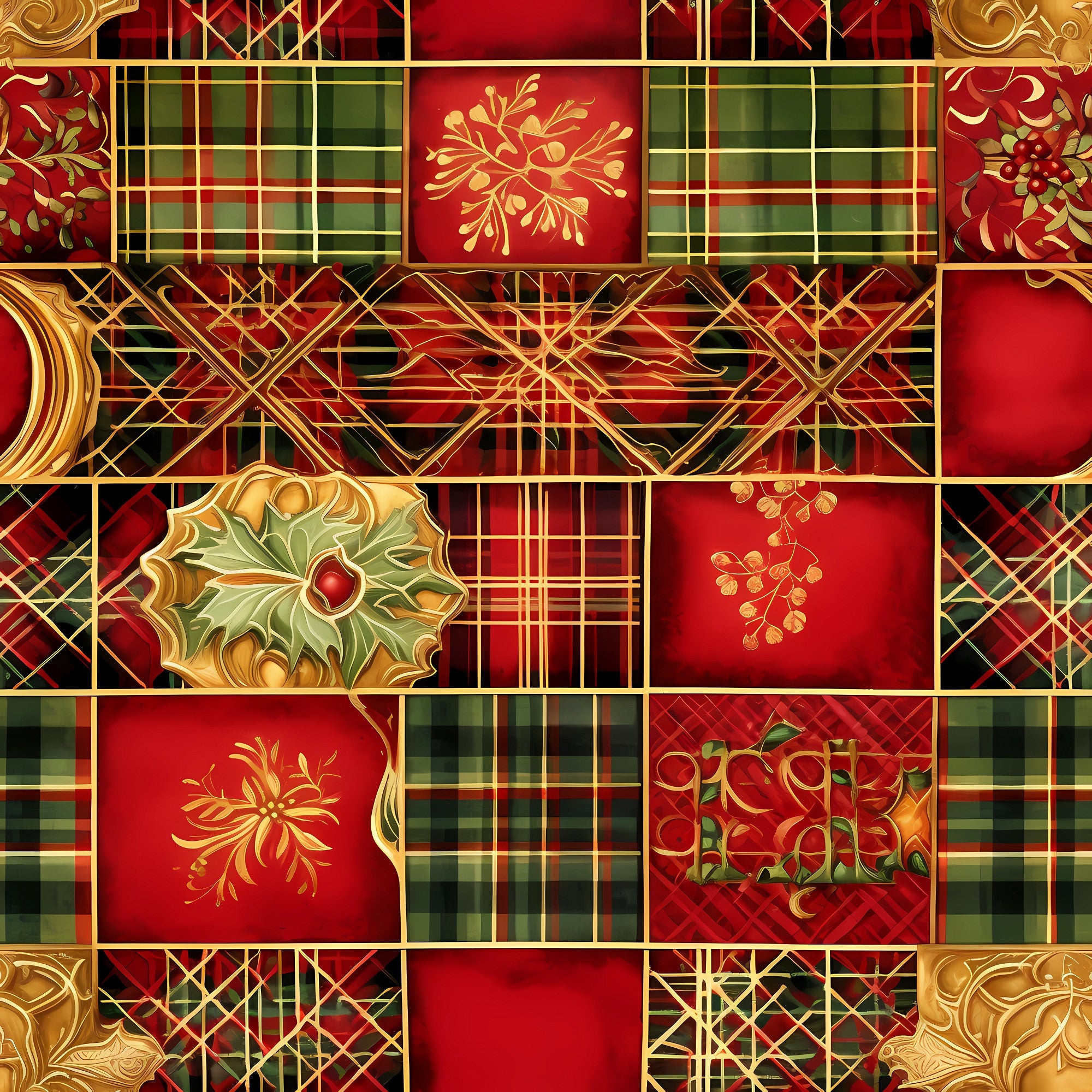 red, green, gold, christmas, tartan plaid, holly leaves, mistletoe, berries, ornate flourishes, patchwork squares, geometric patterns, crosshatch design, botanical motifs, festive, holiday fabric,, fabric panel, rich colors, decorative elements, seasonal pattern