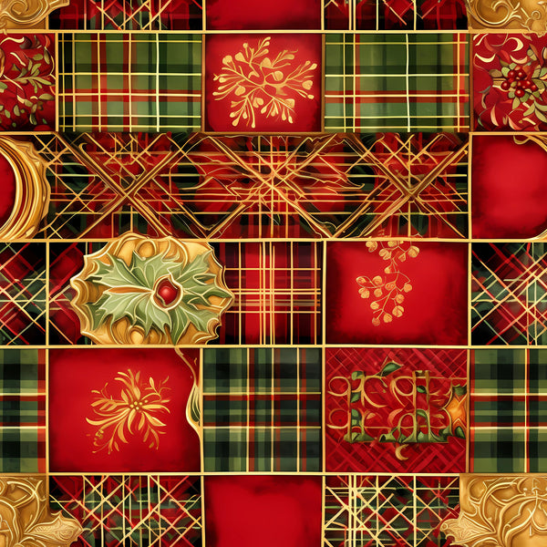 red, green, gold, christmas, tartan plaid, holly leaves, mistletoe, berries, ornate flourishes, patchwork squares, geometric patterns, crosshatch design, botanical motifs, festive, holiday fabric,, fabric panel, rich colors, decorative elements, seasonal pattern