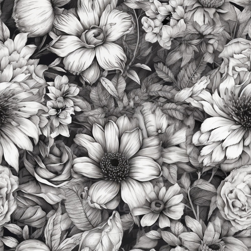 black and white, grayscale, monochrome, floral, botanical, flowers, gerbera, daisy, rose, petals, nature, garden, elegant, sophisticated, vintage, romantic, traditional, detailed, sketch style, line art, artistic, leaves, foliage, spring, summer, timeless, classic, feminine, delicate