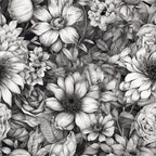 black and white, grayscale, monochrome, floral, botanical, flowers, gerbera, daisy, rose, petals, nature, garden, elegant, sophisticated, vintage, romantic, traditional, detailed, sketch style, line art, artistic, leaves, foliage, spring, summer, timeless, classic, feminine, delicate