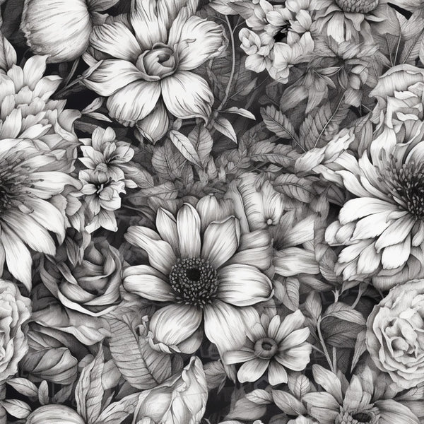 black and white, grayscale, monochrome, floral, botanical, flowers, gerbera, daisy, rose, petals, nature, garden, elegant, sophisticated, vintage, romantic, traditional, detailed, sketch style, line art, artistic, leaves, foliage, spring, summer, timeless, classic, feminine, delicate