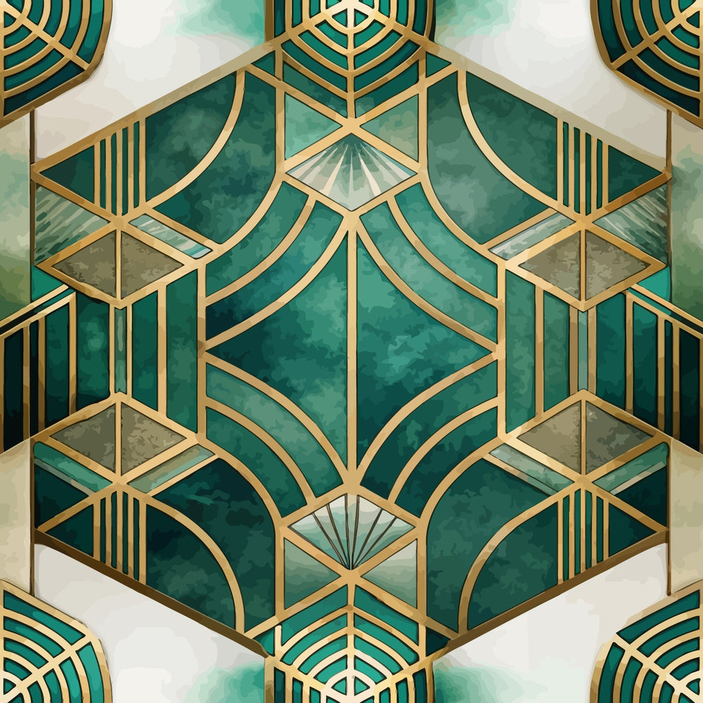 emerald green, gold accents, art deco geometric, hexagonal pattern, fan motifs, marble texture, metallic gold lines, symmetrical design, luxury pattern,, fabric panel, vintage style, geometric repeats, jewel tones, sophisticated pattern, angular designs, decorative motifs, repeating hexagons, ornate detailing