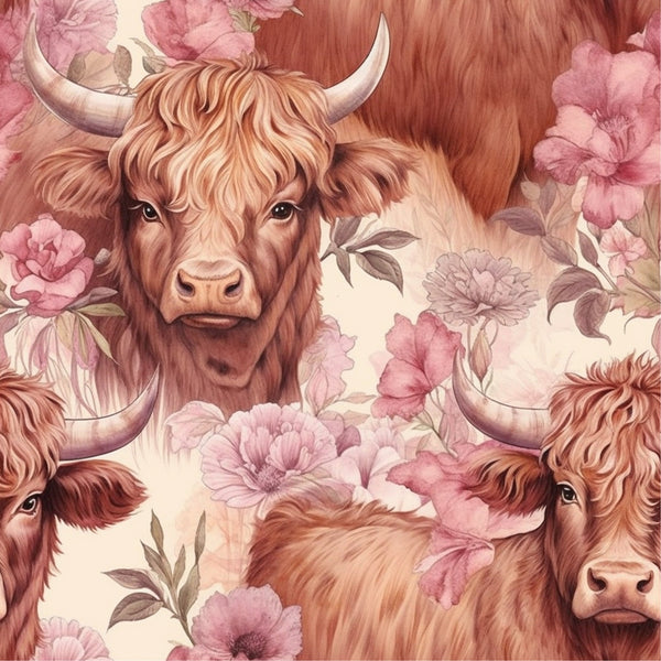 highland cows, floral pattern, pink flowers, peach tones, brown cattle, horned animals, botanical elements, soft pastels, watercolor style,, fabric panel, farmhouse theme, country animals, rose blooms, cream background, warm colors, rustic charm, pastoral scene, repeating pattern, crafting material