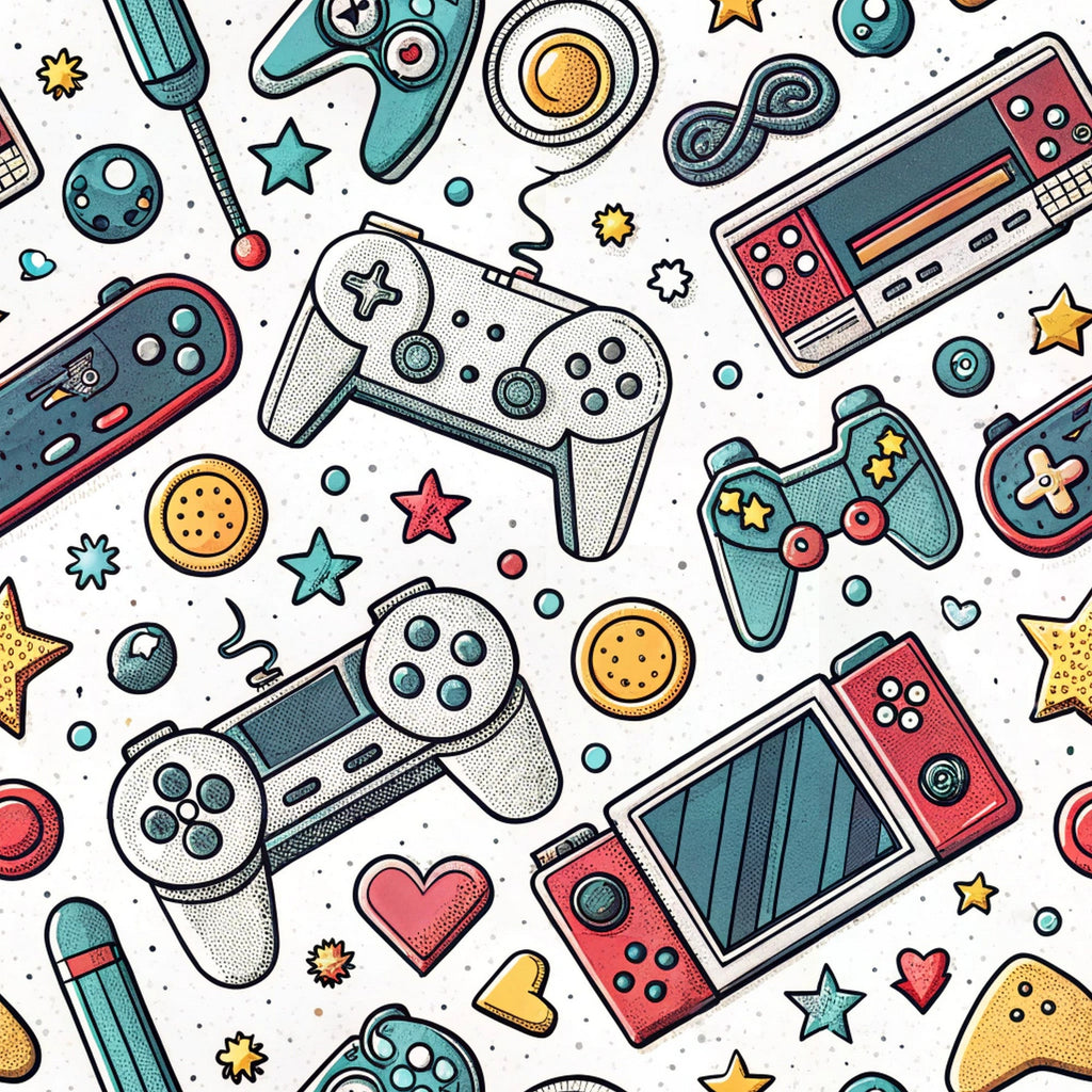 gaming controllers, video game consoles, retro gaming, modern pattern, teal, coral pink, yellow accents, white background, scattered design, gaming theme, electronic devices, playful illustration, cartoon style, geometric shapes, stars, hearts, circles,, fabric panel, nostalgic gaming, tech pattern