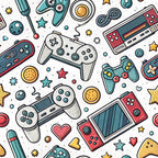 gaming controllers, video game consoles, retro gaming, modern pattern, teal, coral pink, yellow accents, white background, scattered design, gaming theme, electronic devices, playful illustration, cartoon style, geometric shapes, stars, hearts, circles,, fabric panel, nostalgic gaming, tech pattern