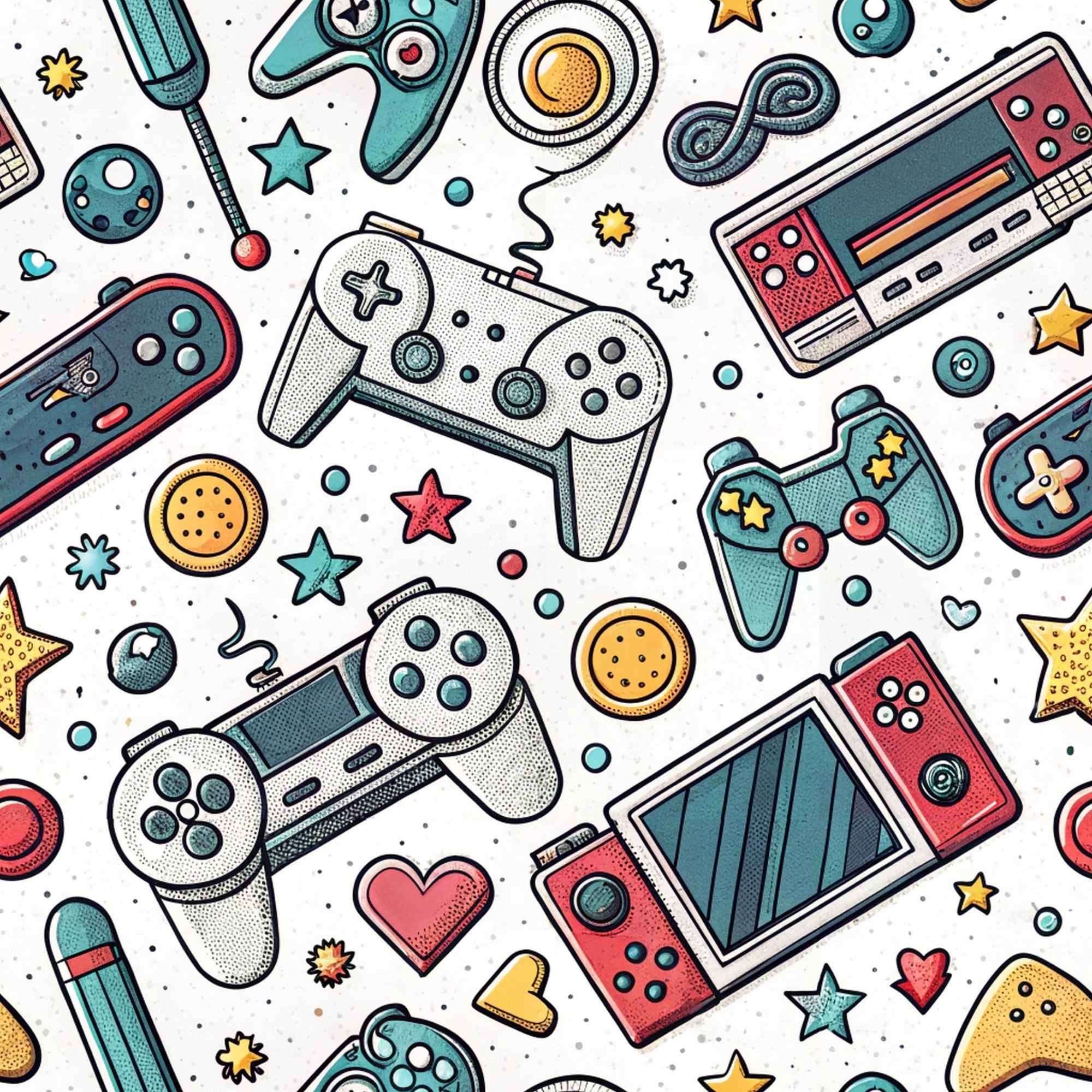 gaming controllers, video game consoles, retro gaming, modern pattern, teal, coral pink, yellow accents, white background, scattered design, gaming theme, electronic devices, playful illustration, cartoon style, geometric shapes, stars, hearts, circles,, fabric panel, nostalgic gaming, tech pattern