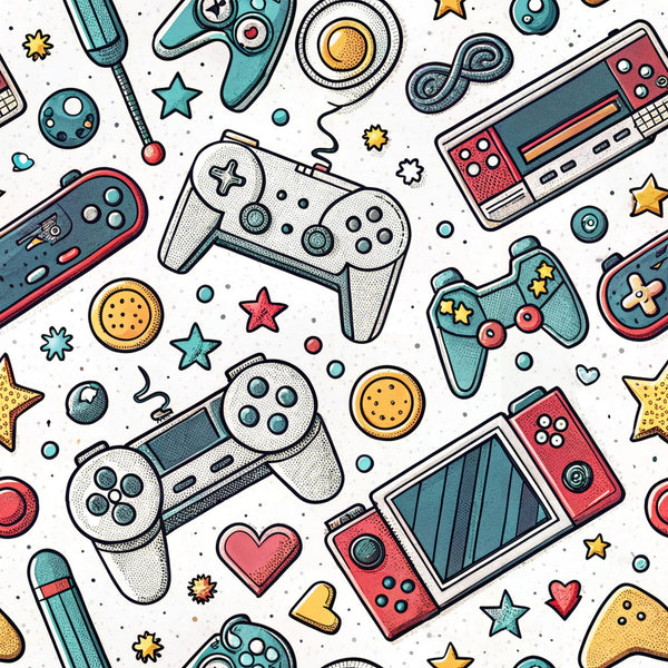 gaming controllers, video game consoles, retro gaming, modern pattern, teal, coral pink, yellow accents, white background, scattered design, gaming theme, electronic devices, playful illustration, cartoon style, geometric shapes, stars, hearts, circles,, fabric panel, nostalgic gaming, tech pattern