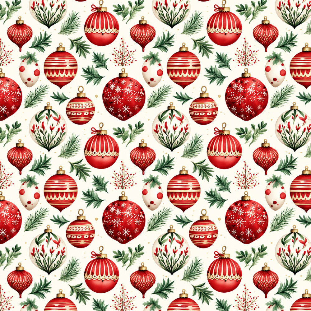 red ornaments, cream background, gold accents, holiday, christmas, festive, traditional, vintage, elegant, ornament balls, baubles, evergreen branches, pine needles, holly, red and green, striped ornaments, snowflake pattern, decorative patterns, winter, seasonal, classic christmas, timeless, retro christmas, victorian style, ornamental design, festive decor, holiday decorations, deep red, forest green