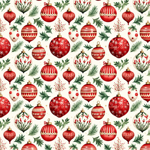 red ornaments, cream background, gold accents, holiday, christmas, festive, traditional, vintage, elegant, ornament balls, baubles, evergreen branches, pine needles, holly, red and green, striped ornaments, snowflake pattern, decorative patterns, winter, seasonal, classic christmas, timeless, retro christmas, victorian style, ornamental design, festive decor, holiday decorations, deep red, forest green