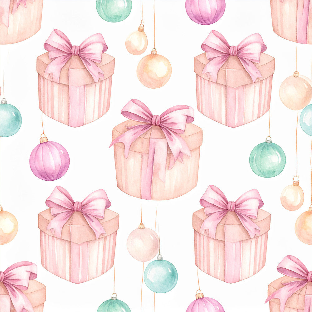 blush pink, dusty rose, soft pink, mint green, sage green, peach, cream, pale gold, holiday, christmas, gifts, bows, ornaments, baubles, presents, elegant, whimsical, festive, celebration, luxury, sophisticated, winter, seasonal, nursery, baby shower, decorative, striped boxes, ribbon bows