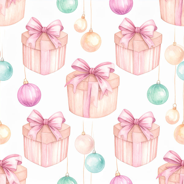 blush pink, dusty rose, soft pink, mint green, sage green, peach, cream, pale gold, holiday, christmas, gifts, bows, ornaments, baubles, presents, elegant, whimsical, festive, celebration, luxury, sophisticated, winter, seasonal, nursery, baby shower, decorative, striped boxes, ribbon bows