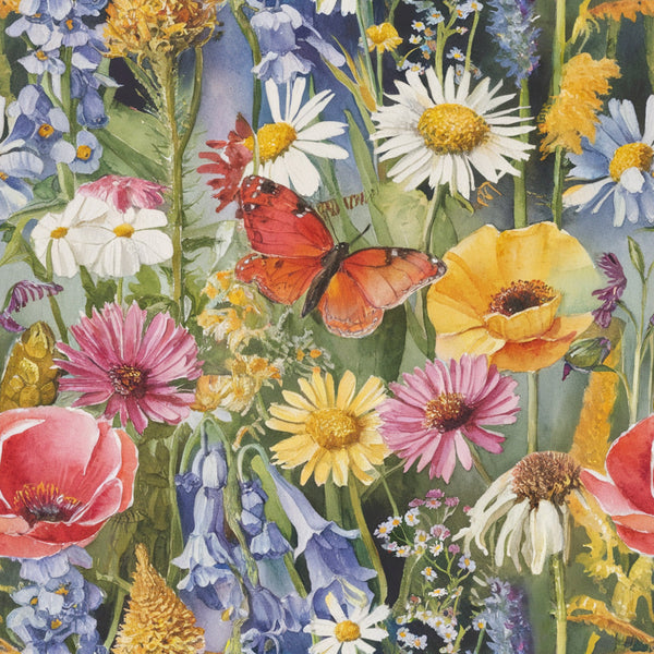 wildflower meadow, botanical illustration, orange butterfly, white daisies, pink cosmos, yellow poppies, blue lupines, red poppies, purple flowers, watercolor style, nature scene, spring garden, summer blooms,, fabric panel, floral motif, realistic flowers, garden fantasy, bright colors, mixed wildflowers
