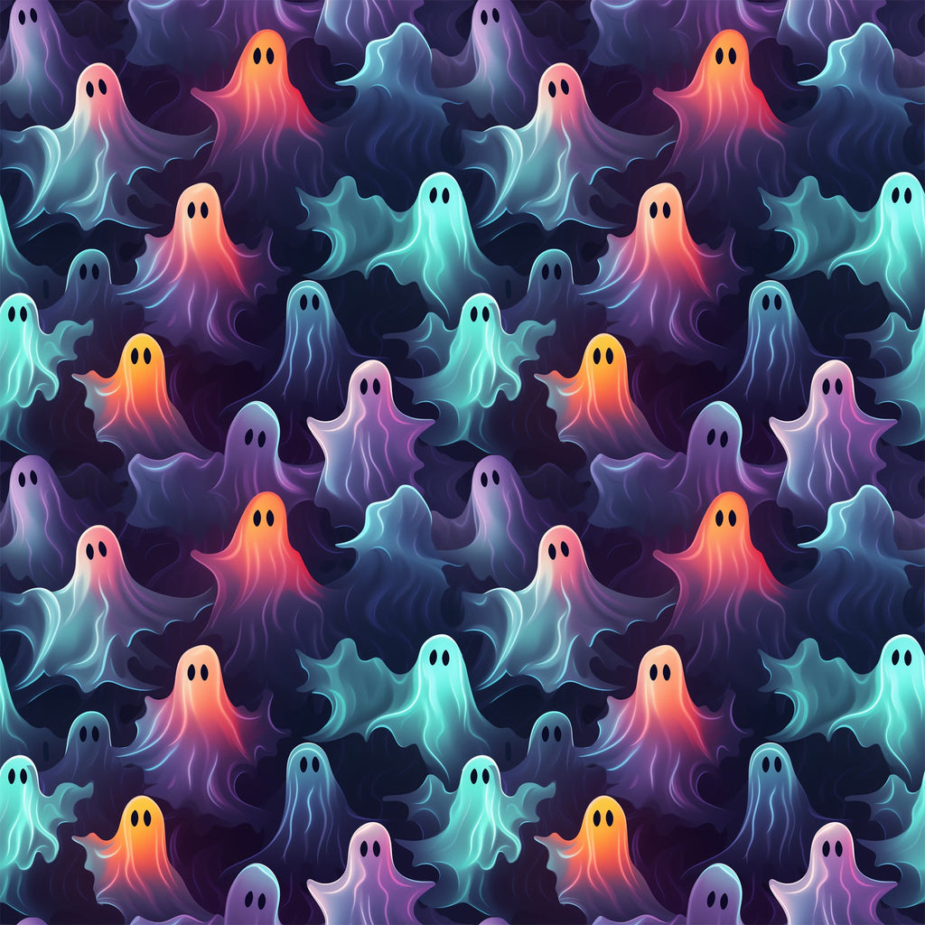 ghosts, halloween pattern,, fabric panel, purple, orange, teal, pink, blue, gradient colors, spooky characters, floating ghosts, seamless repeat, whimsical style, supernatural theme, october holiday, colorful spirits, ethereal beings, haunting design, festive halloween