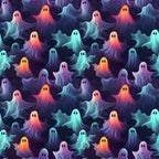 ghosts, halloween pattern,, fabric panel, purple, orange, teal, pink, blue, gradient colors, spooky characters, floating ghosts, seamless repeat, whimsical style, supernatural theme, october holiday, colorful spirits, ethereal beings, haunting design, festive halloween