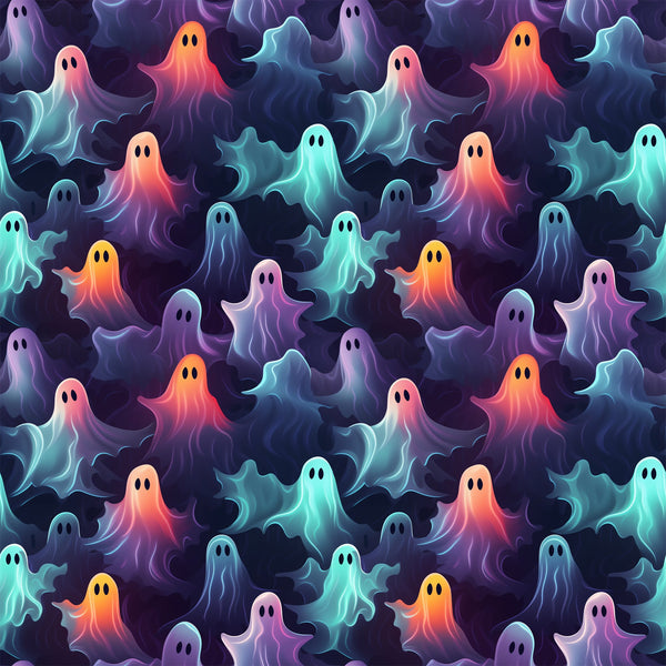 ghosts, halloween pattern,, fabric panel, purple, orange, teal, pink, blue, gradient colors, spooky characters, floating ghosts, seamless repeat, whimsical style, supernatural theme, october holiday, colorful spirits, ethereal beings, haunting design, festive halloween