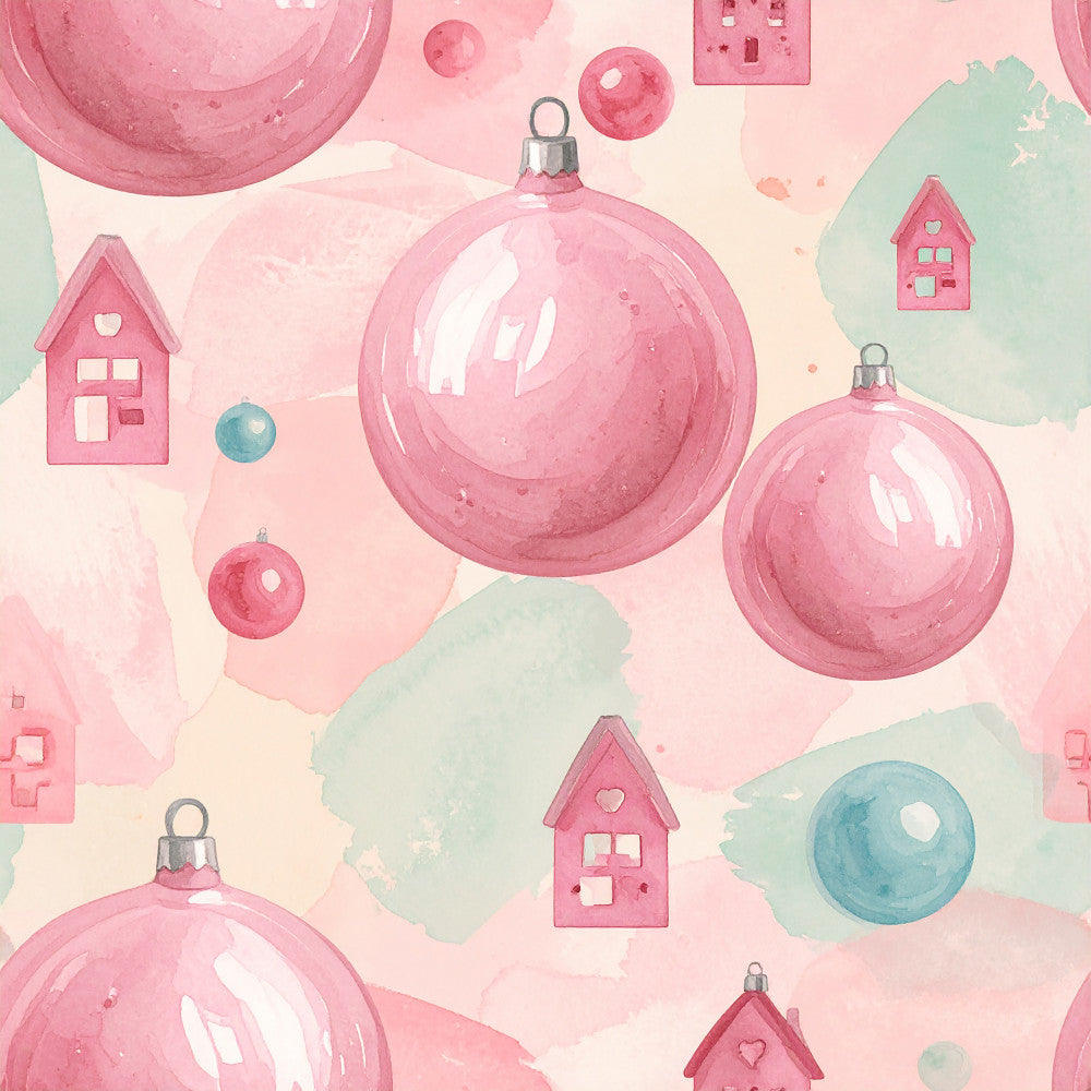 rose pink, pale pink, soft pink, mint green, sage green, dusty blue, powder blue, christmas ornaments, holiday, whimsical, festive, playful, sweet, charming, houses, little houses, cottages, baubles, spheres, hearts, winter, christmas, nursery, kids room, playroom, baby shower, cute, dreamy, pastel, soft colors