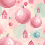 rose pink, pale pink, soft pink, mint green, sage green, dusty blue, powder blue, christmas ornaments, holiday, whimsical, festive, playful, sweet, charming, houses, little houses, cottages, baubles, spheres, hearts, winter, christmas, nursery, kids room, playroom, baby shower, cute, dreamy, pastel, soft colors