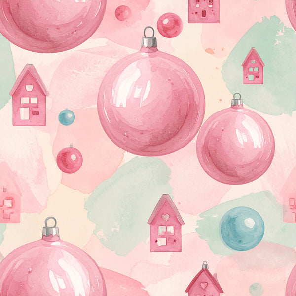 rose pink, pale pink, soft pink, mint green, sage green, dusty blue, powder blue, christmas ornaments, holiday, whimsical, festive, playful, sweet, charming, houses, little houses, cottages, baubles, spheres, hearts, winter, christmas, nursery, kids room, playroom, baby shower, cute, dreamy, pastel, soft colors