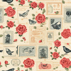 cream background, coral roses, vintage stamps, birds, postmarks, botanical illustrations, romantic florals,, fabric panel, nostalgic design, postal theme, pink flowers, green leaves, antique style, letter motifs, nature elements, soft pastels, scattered pattern, vintage ephemera, crafting fabric