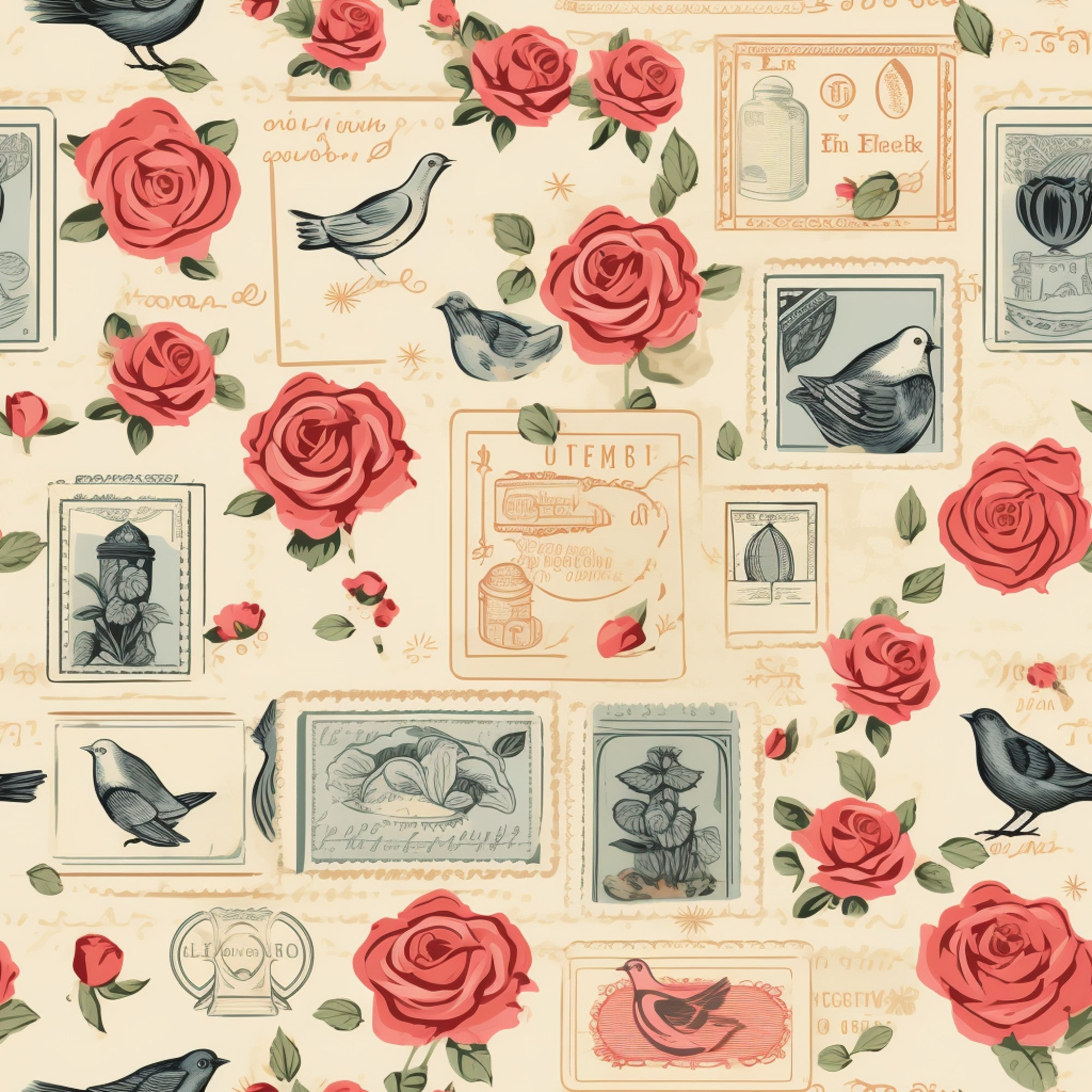 cream background, coral roses, vintage stamps, birds, postmarks, botanical illustrations, romantic florals,, fabric panel, nostalgic design, postal theme, pink flowers, green leaves, antique style, letter motifs, nature elements, soft pastels, scattered pattern, vintage ephemera, crafting fabric