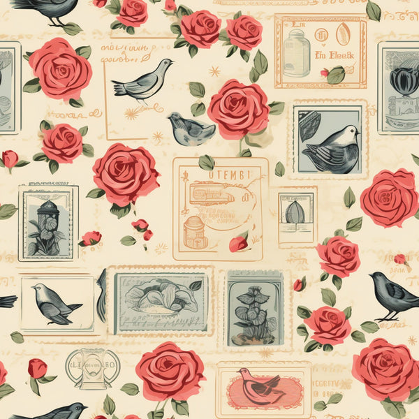 cream background, coral roses, vintage stamps, birds, postmarks, botanical illustrations, romantic florals,, fabric panel, nostalgic design, postal theme, pink flowers, green leaves, antique style, letter motifs, nature elements, soft pastels, scattered pattern, vintage ephemera, crafting fabric