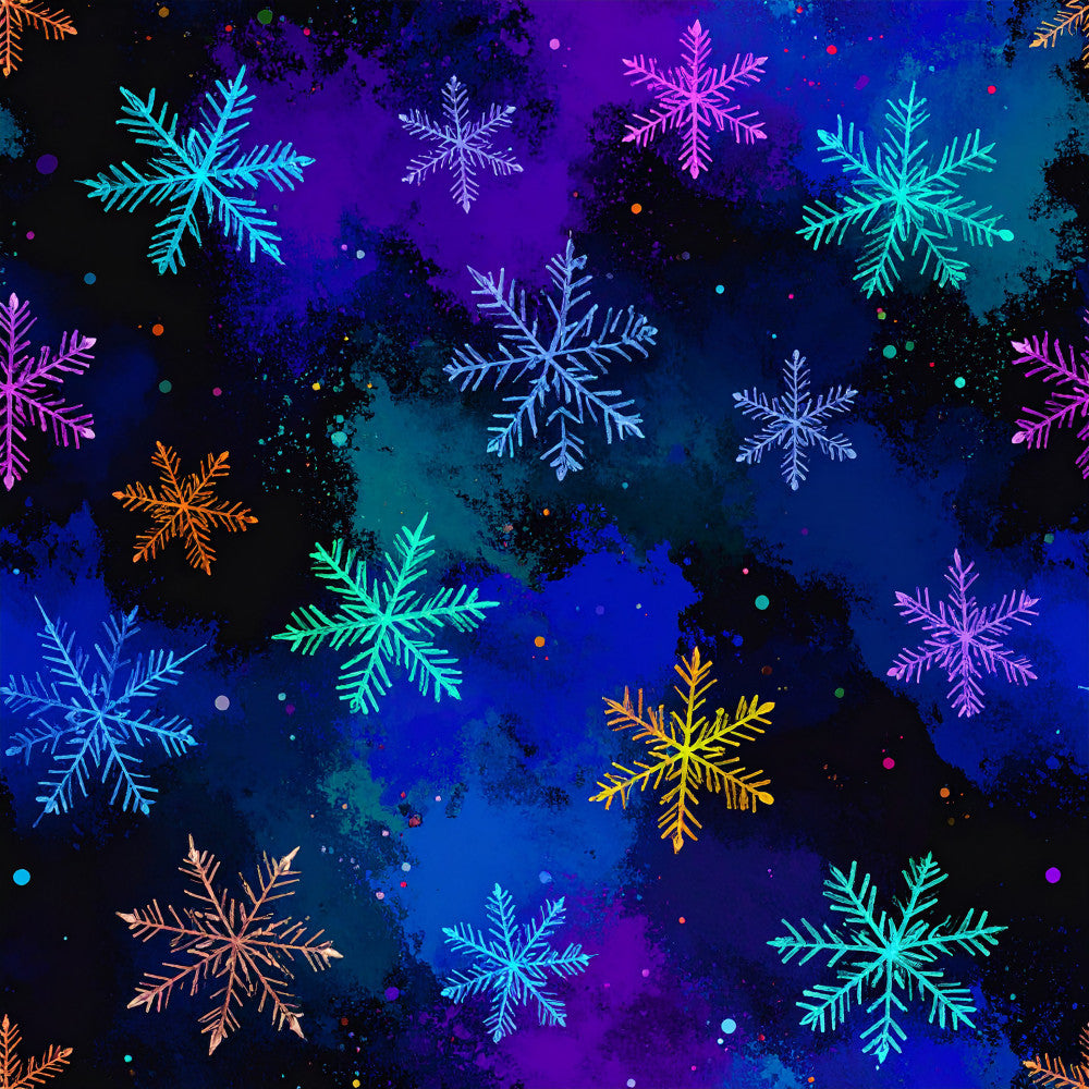 neon snowflakes, cyan blue, magenta pink, electric purple, deep navy, turquoise, golden yellow, orange, dark teal, glow in the dark, neon, winter, holiday, christmas, frozen, celestial, sparkle, glitter, abstract, modern, whimsical, snowflake motif, geometric snowflakes, festive, children's, playroom, kids room, winter wonderland, icy, luminescent