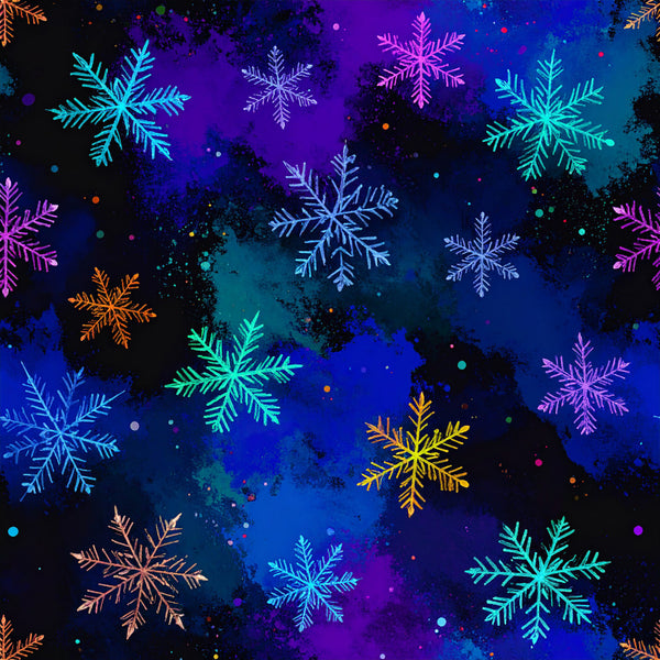 neon snowflakes, cyan blue, magenta pink, electric purple, deep navy, turquoise, golden yellow, orange, dark teal, glow in the dark, neon, winter, holiday, christmas, frozen, celestial, sparkle, glitter, abstract, modern, whimsical, snowflake motif, geometric snowflakes, festive, children's, playroom, kids room, winter wonderland, icy, luminescent