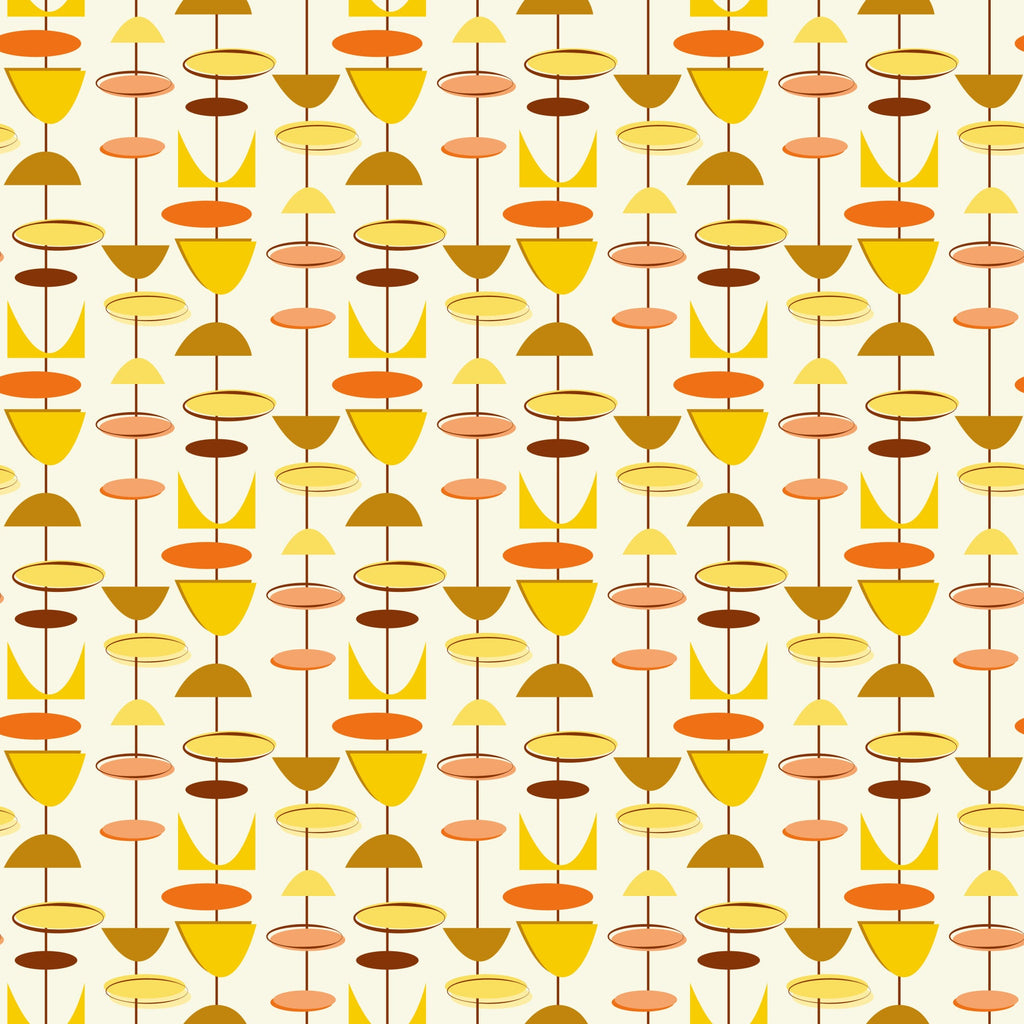 orange, yellow, brown, beige, cream, geometric shapes, circles, ovals, triangles, mid-century modern, atomic age, retro, vintage style, abstract pattern, repeating motif, warm colors, modernist design,, fabric panel, 1950s inspired, contemporary geometric