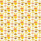 orange, yellow, brown, beige, cream, geometric shapes, circles, ovals, triangles, mid-century modern, atomic age, retro, vintage style, abstract pattern, repeating motif, warm colors, modernist design,, fabric panel, 1950s inspired, contemporary geometric