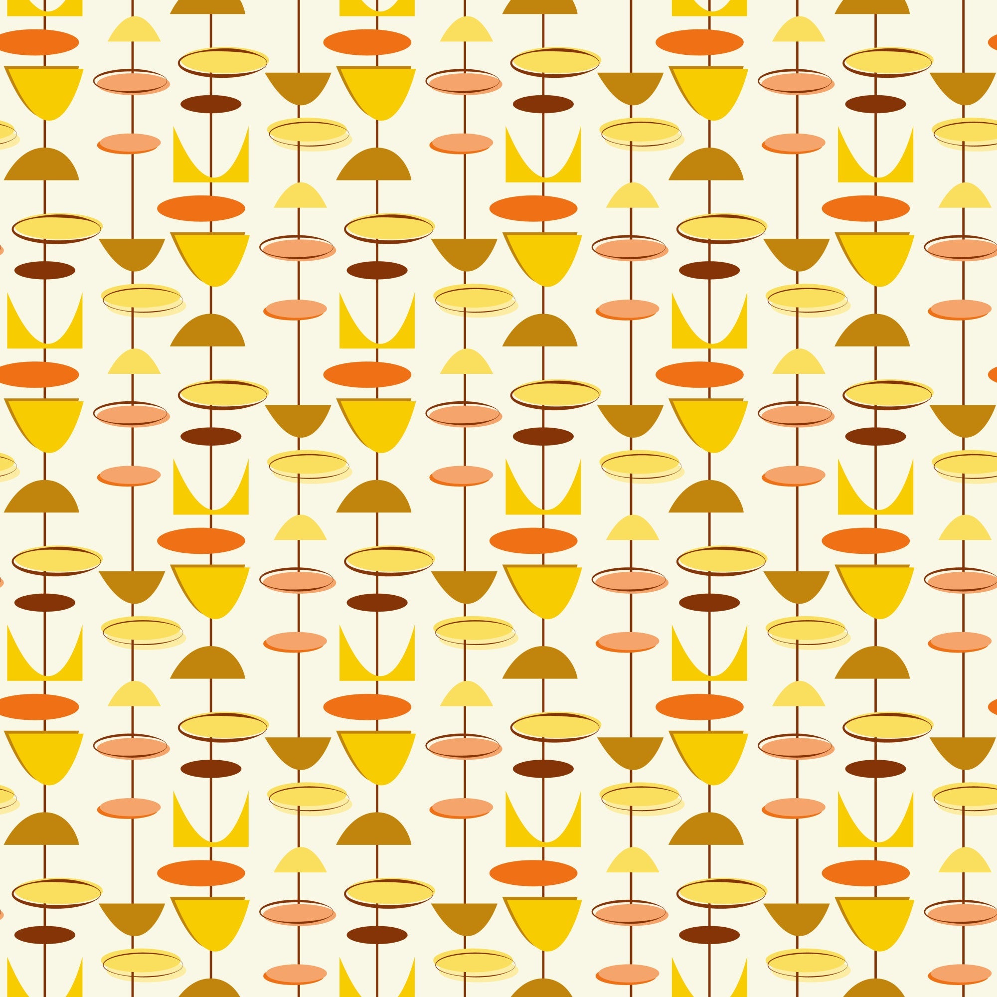 orange, yellow, brown, beige, cream, geometric shapes, circles, ovals, triangles, mid-century modern, atomic age, retro, vintage style, abstract pattern, repeating motif, warm colors, modernist design,, fabric panel, 1950s inspired, contemporary geometric