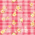 pink plaid, coral stripes, cream flowers, yellow blooms, floral pattern, gingham background, country style,, fabric panel, spring flowers, feminine colors, cottage core, rustic charm, botanical motifs, pastel palette, textured weave, vintage inspired, garden flowers, shabby chic, crafting material