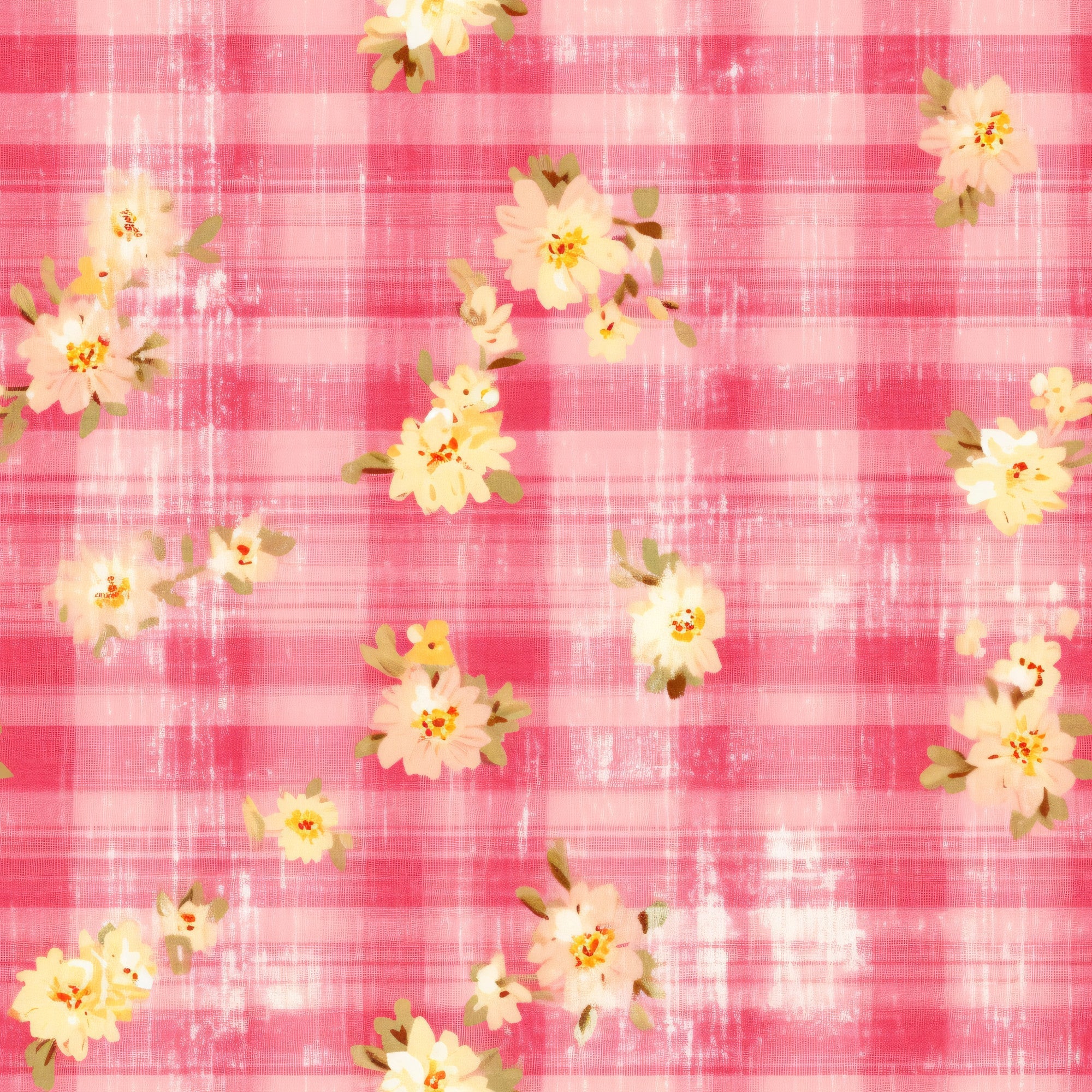 pink plaid, coral stripes, cream flowers, yellow blooms, floral pattern, gingham background, country style,, fabric panel, spring flowers, feminine colors, cottage core, rustic charm, botanical motifs, pastel palette, textured weave, vintage inspired, garden flowers, shabby chic, crafting material