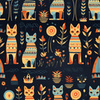 navy blue, coral orange, golden yellow, light teal, cream, egyptian, cat, cats, feline, sun, flowers, floral, geometric, tribal, boho, bohemian, whimsical, playful, modern, decorative, ancient, mythology, vases, pottery, plants, leaves, celestial, nursery, kids room, playroom