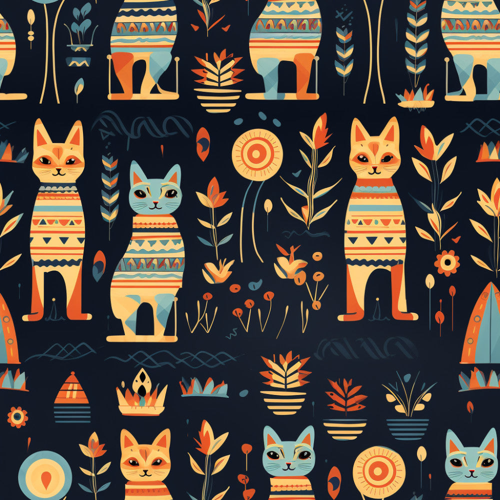 navy blue, coral orange, golden yellow, light teal, cream, egyptian, cat, cats, feline, sun, flowers, floral, geometric, tribal, boho, bohemian, whimsical, playful, modern, decorative, ancient, mythology, vases, pottery, plants, leaves, celestial, nursery, kids room, playroom