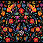 mexican floral, folk art, vibrant colors, red flowers, yellow blooms, blue petals, orange blossoms, pink flowers, purple accents, green leaves, black background, decorative birds, swirling vines, symmetrical pattern,, fabric panel, festive design, botanical motifs, colorful embroidery style, floral fiesta