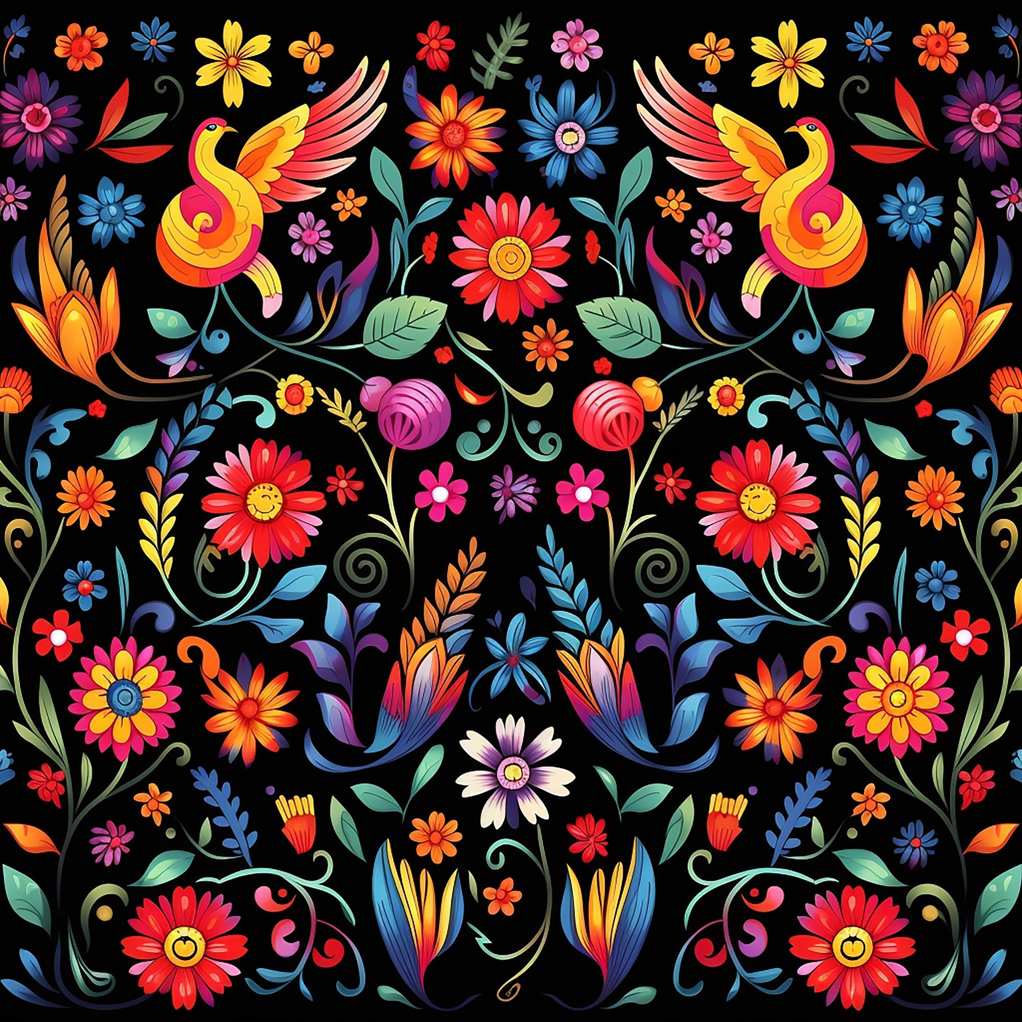 mexican floral, folk art, vibrant colors, red flowers, yellow blooms, blue petals, orange blossoms, pink flowers, purple accents, green leaves, black background, decorative birds, swirling vines, symmetrical pattern,, fabric panel, festive design, botanical motifs, colorful embroidery style, floral fiesta