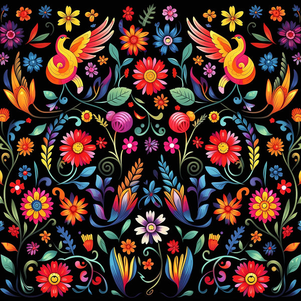 mexican floral, folk art, vibrant colors, red flowers, yellow blooms, blue petals, orange blossoms, pink flowers, purple accents, green leaves, black background, decorative birds, swirling vines, symmetrical pattern,, fabric panel, festive design, botanical motifs, colorful embroidery style, floral fiesta
