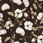 cream white, off-white, dark brown, taupe, tan, floral, botanical, cotton flowers, vintage floral, elegant, rustic, traditional, nature-inspired, romantic, cottage core, farmhouse, timeless, lifelike illustration, detailed line work, delicate flowers, buds, leaves, stems, spring, summer, home decor, upholstery, feminine, sophisticated, classic beauty