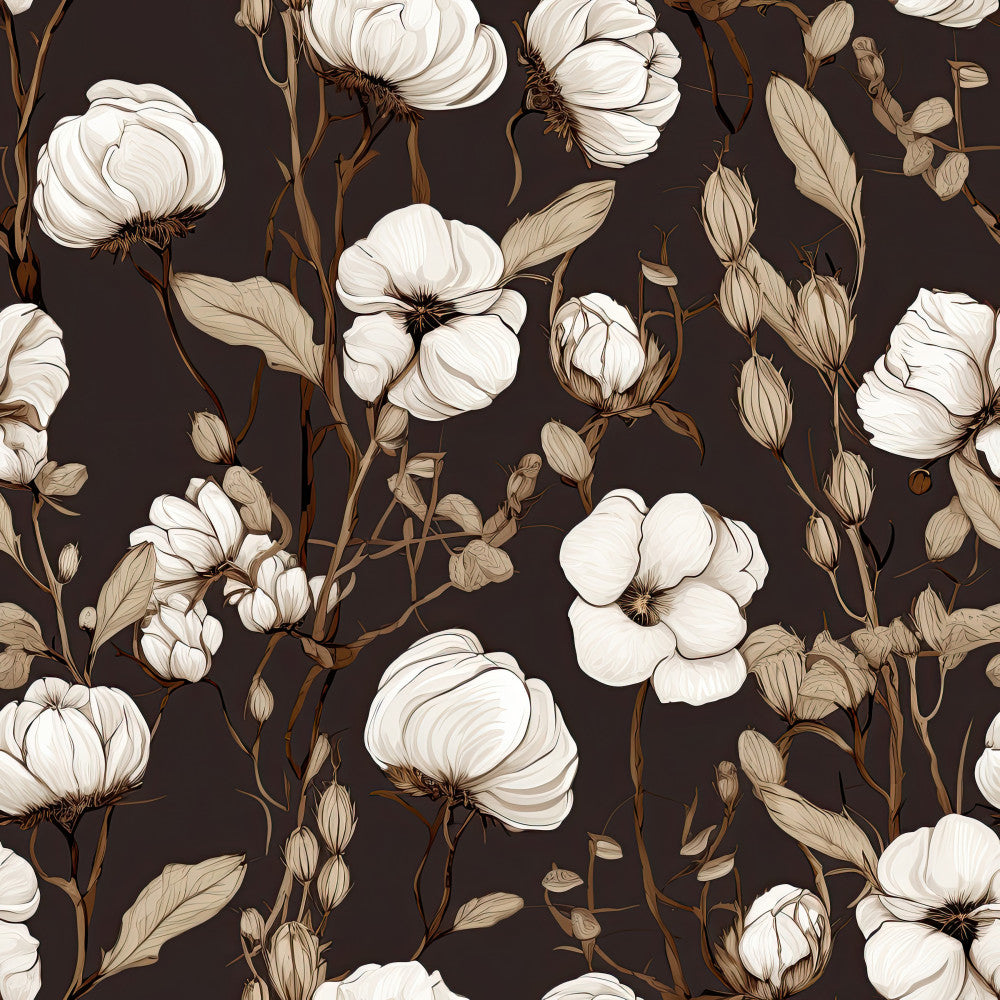 cream white, off-white, dark brown, taupe, tan, floral, botanical, cotton flowers, vintage floral, elegant, rustic, traditional, nature-inspired, romantic, cottage core, farmhouse, timeless, lifelike illustration, detailed line work, delicate flowers, buds, leaves, stems, spring, summer, home decor, upholstery, feminine, sophisticated, classic beauty