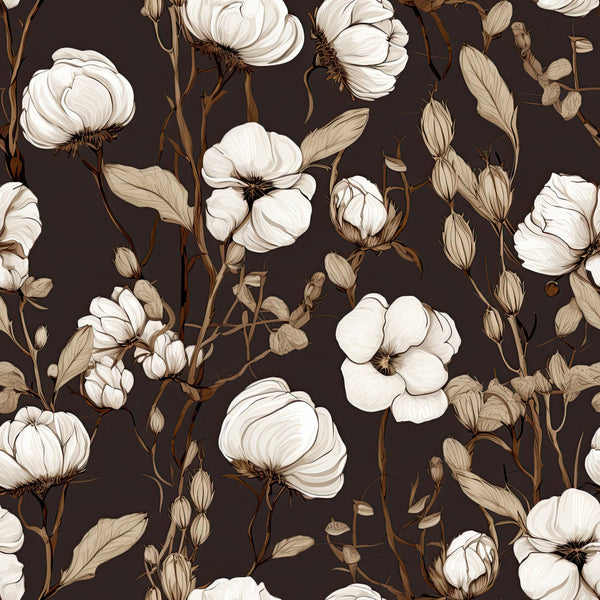 cream white, off-white, dark brown, taupe, tan, floral, botanical, cotton flowers, vintage floral, elegant, rustic, traditional, nature-inspired, romantic, cottage core, farmhouse, timeless, lifelike illustration, detailed line work, delicate flowers, buds, leaves, stems, spring, summer, home decor, upholstery, feminine, sophisticated, classic beauty