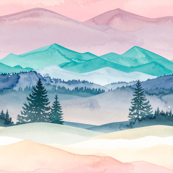 watercolor mountains, layered landscape, forest green, turquoise, dusty pink, soft pink, sage green, teal, navy blue, cream, misty mountains, evergreen trees, pine trees, nature scene, mountain landscape, scenic, peaceful, serene, calming, whimsical, modern, artistic, dreamy, foggy forest, winter landscape, spring, nature lover, nursery decor, kids room, adventure theme